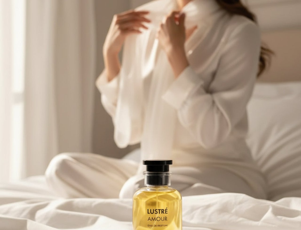 Volare Lustre Amour by Volare – 100 ml untuk Wanita, botol minyak wangi kaca jernih bertutup hitam terletak di atas cadar putih, dengan wanita berjubah putih kabur di latar belakang