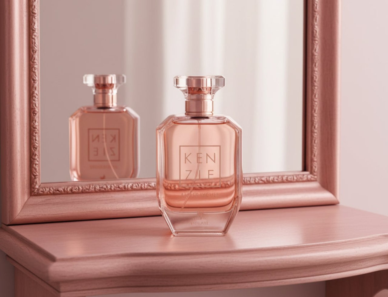 Botol minyak wangi Volare Amber Lychee Kenzie – 100 ml untuk Wanita dengan bingkai emas ros dan pantulan cermin, dipamerkan di atas rak emas ros.