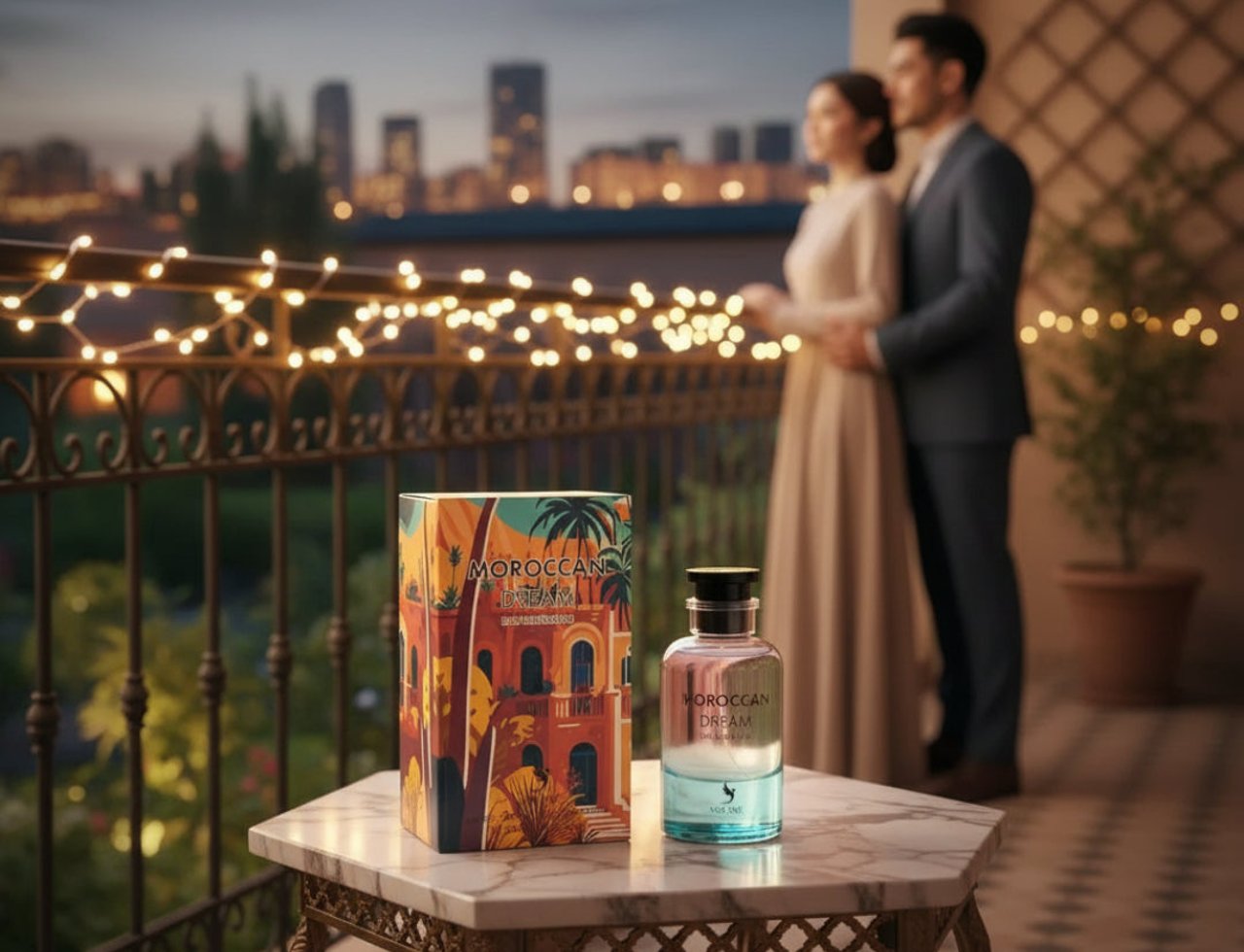 Volare Moroccan Dream by Volare – 100 ml for Her perfume bottle and box displayed on a marble table with a couple embracing in the background on a balcony overlooking a city skyline at dusk, illuminated by string lights.