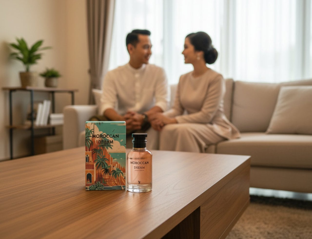 Volare Moroccan Dream by Volare – 100 ml for Her botol dan kotak minyak wangi di atas meja kopi kayu, dengan pasangan blur di latar belakang atas sofa.