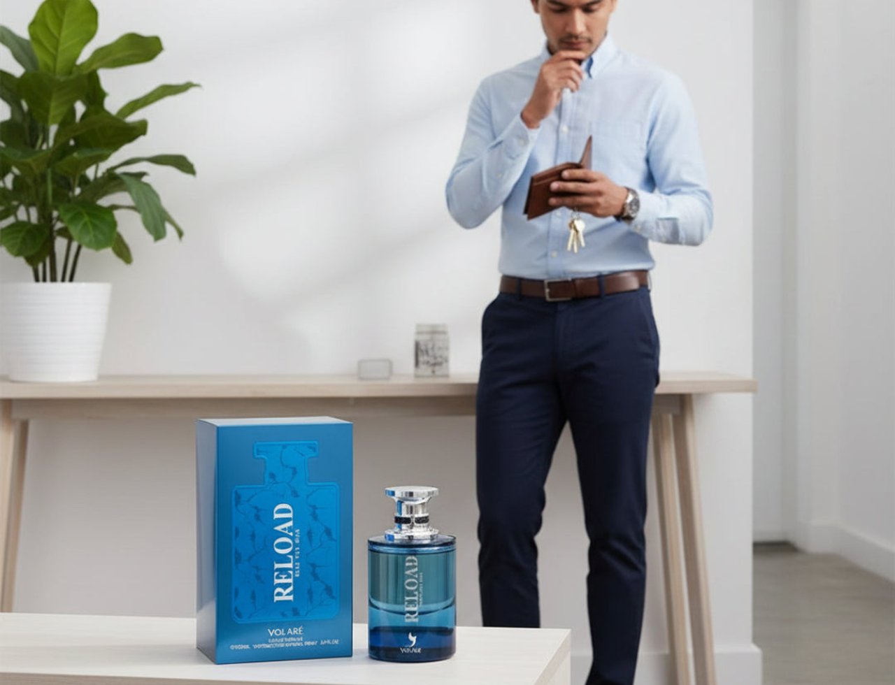 Volare Reload Blue by Volare Man – 100 ml for Him perfume bottle and box displayed on a white table, with a man in the background holding a wallet and keys.