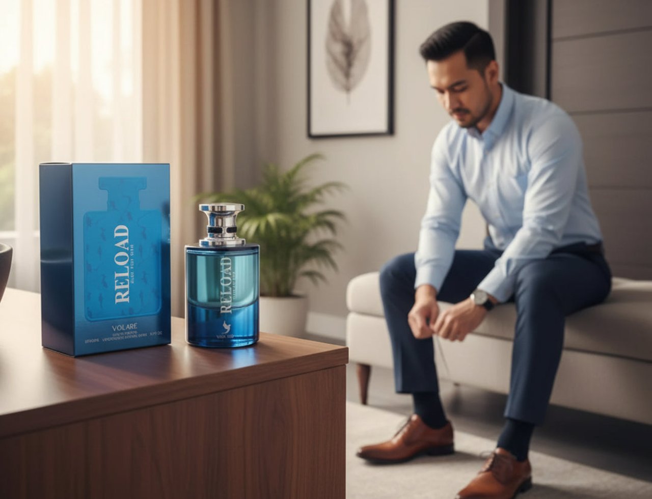 Volare Reload Blue by Volare Man – 100 ml untuk Lelaki — Botol dan kotak minyak wangi biru diletakkan di atas meja kayu, dengan seorang lelaki berbaju biru duduk di latar belakang.