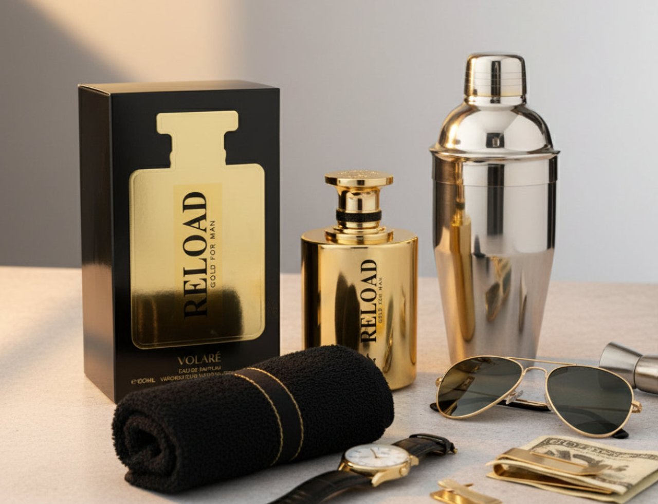 Volare Reload Gold by Volare Man – 100 ml untuk Lelaki, botol wangian emas, tuala hitam bergulung, jam tangan, cermin mata hitam, klip wang, dan penggoncang koktel