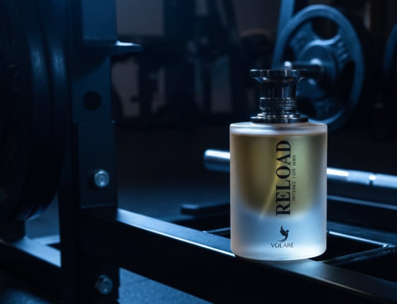 Volare Reload Intense by Volare Man – 100 ml for Him perfume bottle with a dark gym background, featuring weight plates and a barbell.