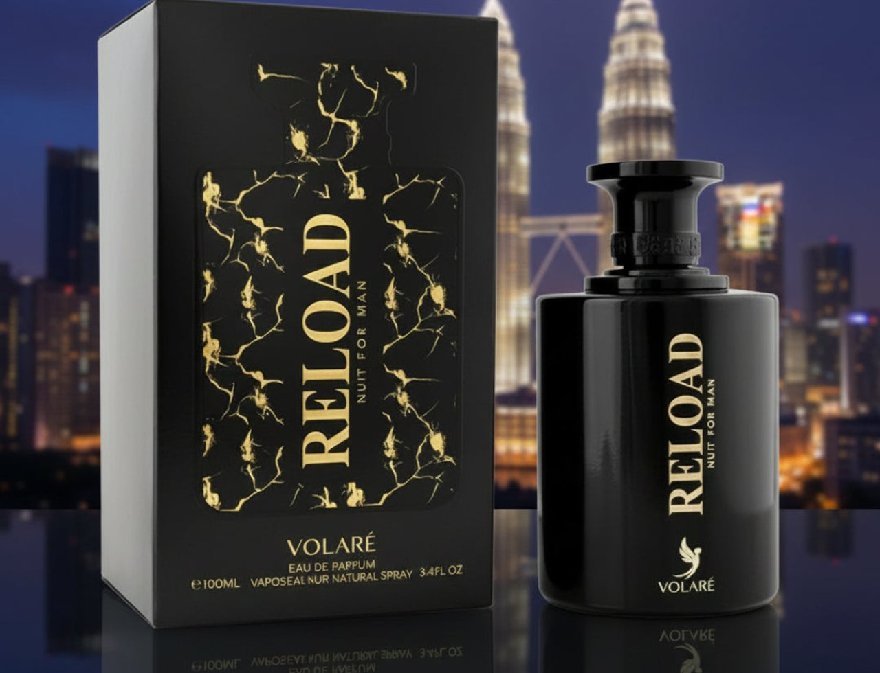 Volare Reload Nuit by Volare Man 100ml EDP — Black perfume bottle and box with gold marble pattern, set against a blurred city skyline at night.