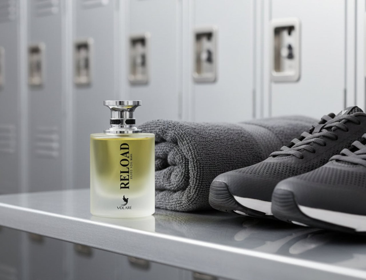 Volare Reload Silver by Volare – Man 100 ml for Him perfume bottle with a grey towel and sneakers in a locker room setting