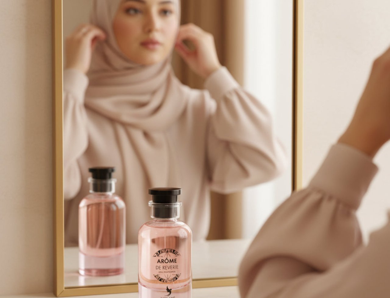 Volare Arome de Reverie by Volare – 100 ml for Her, a pink perfume bottle with a black cap sits on a white surface, reflected in a mirror behind a woman adjusting her hijab.