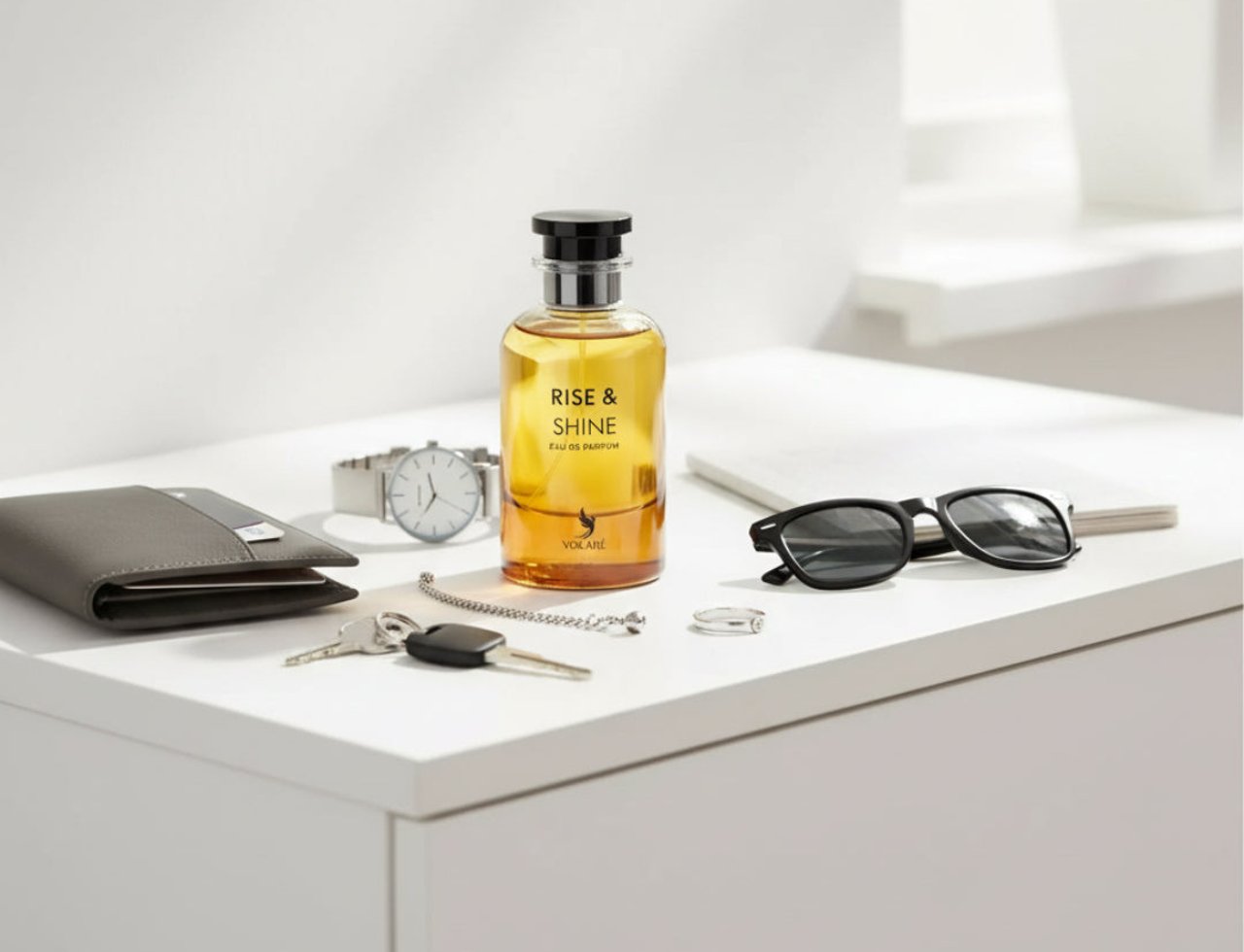 Volare Rise & Shine by Volare – 100 ml Unisex, cecair perang dalam botol kaca jernih bertutup hitam, atas permukaan putih bersama dompet, jam tangan, kunci, cermin mata hitam, dan buku nota.