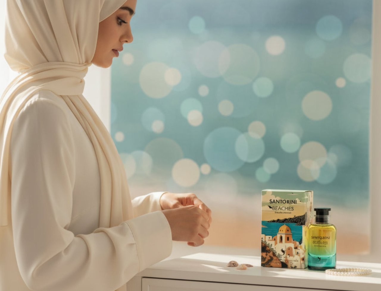 Volare Santorini Beaches — Wanita bertudung melihat kotak dan botol minyak wangi di atas meja solek dengan latar belakang pantai kabur