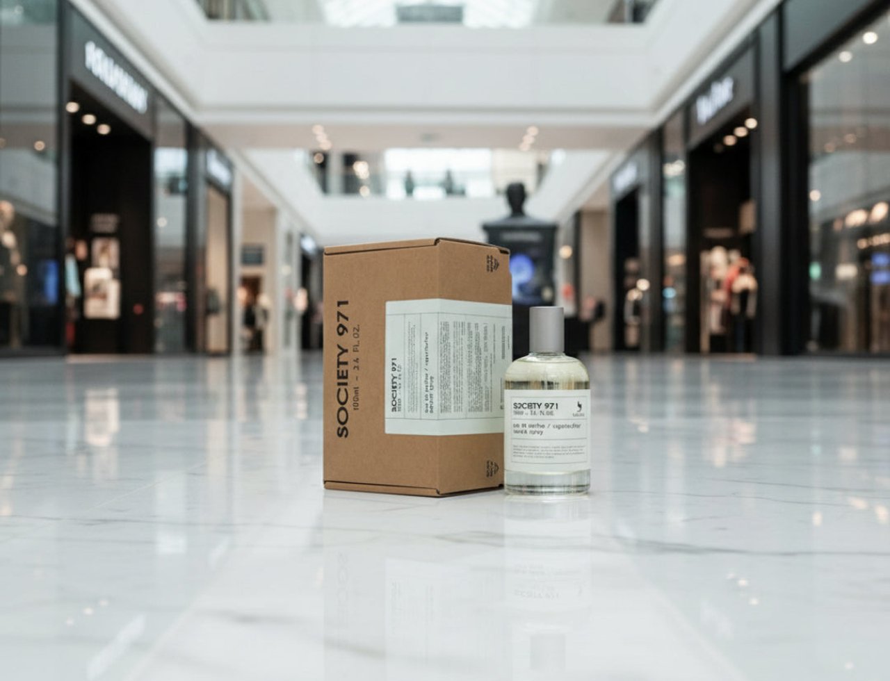 Volare Society 971 by Volare 100ml EDP Lelaki — Kotak kadbod coklat dan botol minyak wangi kaca jernih bertutup perak, diletakkan di atas lantai marmar yang memantul di pusat membeli-belah.