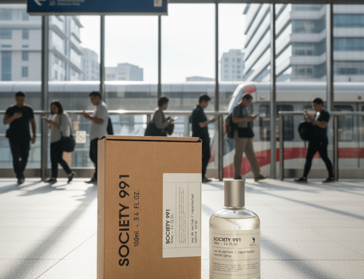 Volare Society 991 by Volare 100ml Unisex — Kotak kadbod coklat dan botol minyak wangi kaca jernih bertutup perak diletakkan di atas lantai jubin berlatar belakang stesen kereta api kabur dengan orang lalu lalang