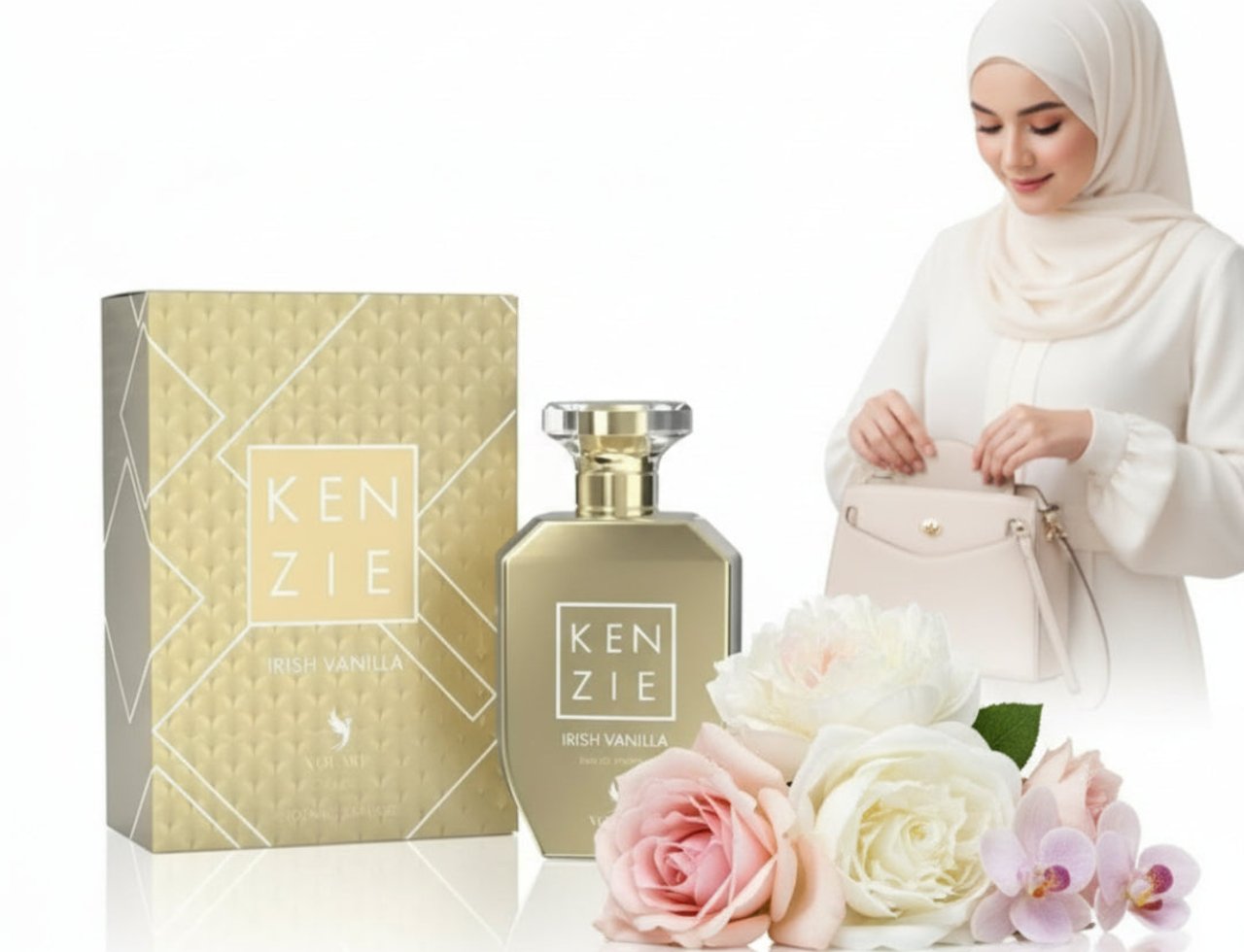 Volare Vanilla Irish — Gold patterned box and gold perfume bottle with Irish Vanilla label, next to pink and white roses and orchids, with a woman in a hijab placing items in a handbag in the background.