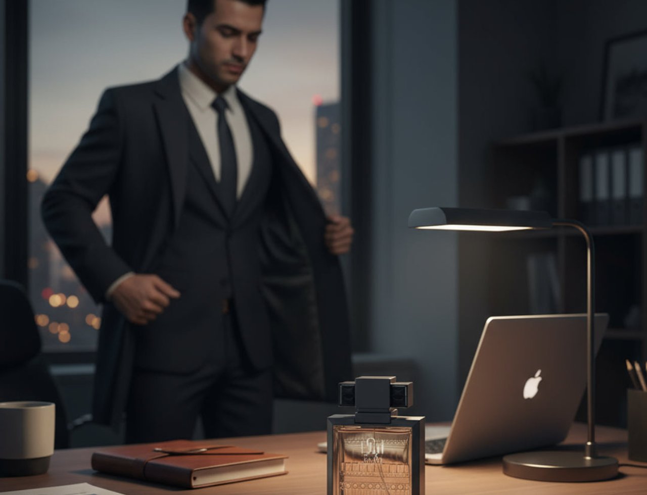 Zimaya Abadi Saga by Zimaya EDP 100 ml Men — A man in a suit opens his jacket in an office setting with a bottle of perfume on the desk. | Zimaya Abadi Saga by Zimaya EDP 100 ml Men — Seorang lelaki berbaju sut membuka jaketnya di pejabat dengan sebotol minyak wangi di atas meja.