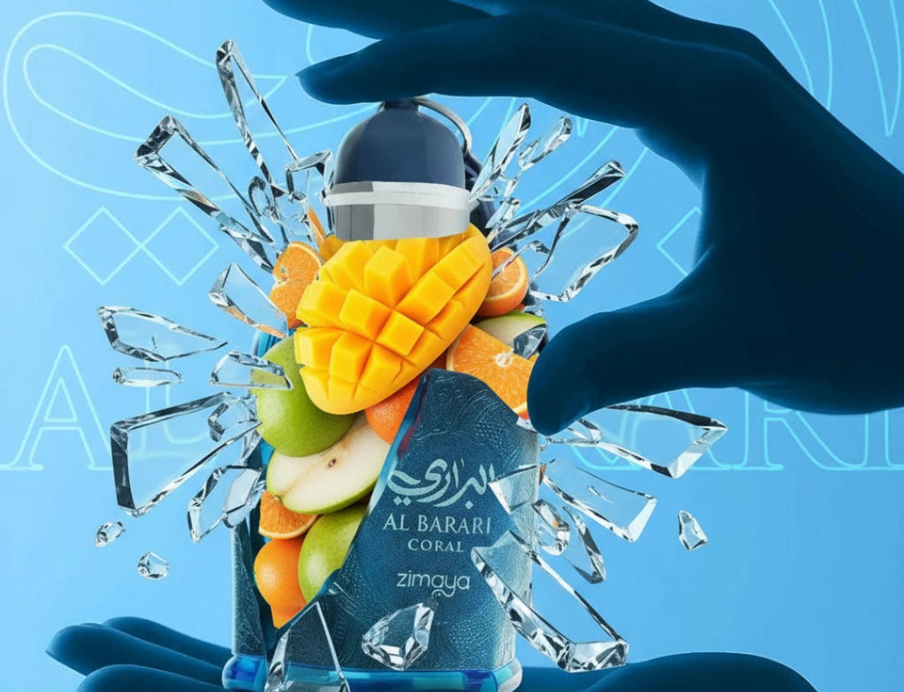 Zimaya Al Barari Coral by Zimaya 100 ml EDP — Botol minyak wangi pecah berderai dengan buah-buahan seperti mangga, oren, dan epal meletup keluar, dipegang oleh tangan biru gelap berlatar biru muda dengan bentuk abstrak.