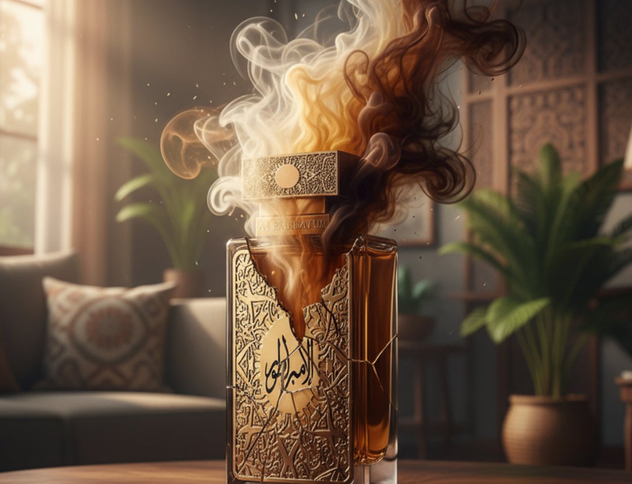 Zimaya Al Embratur Elixir by Zimaya 100ml EDP — A golden, ornate perfume bottle with intricate Arabic calligraphy, emitting wisps of smoke and vapor in warm tones, set on a wooden table.