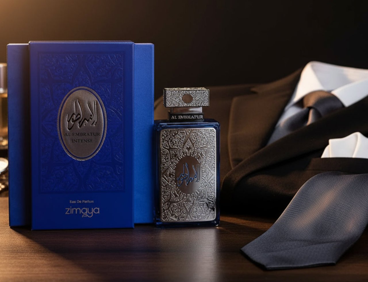 Zimaya Al Embratur Intense by Zimaya 100ml EDP Men — Kotak biru dan botol perak berhias kaligrafi Arab, diletakkan di atas permukaan kayu bersebelahan jaket sut gelap, tali leher, dan sapu tangan poket.