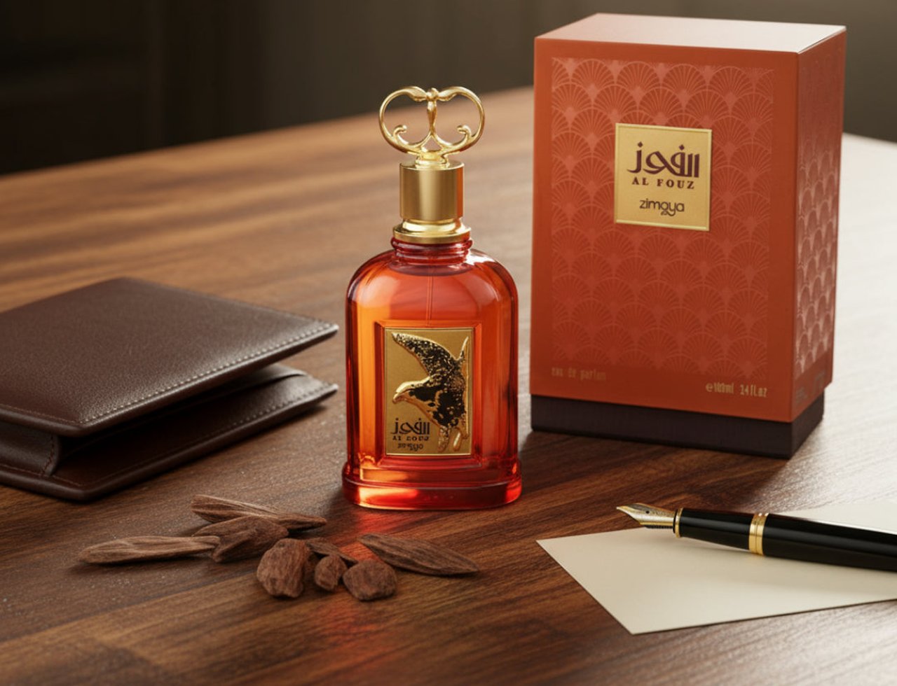 Zimaya Al Fouz by Zimaya 100ml EDP Unisex — Amber glass perfume bottle with gold falcon emblem, ornate gold cap, next to its orange patterned box, a brown leather wallet, oud wood chips, and a fountain pen on a paper.