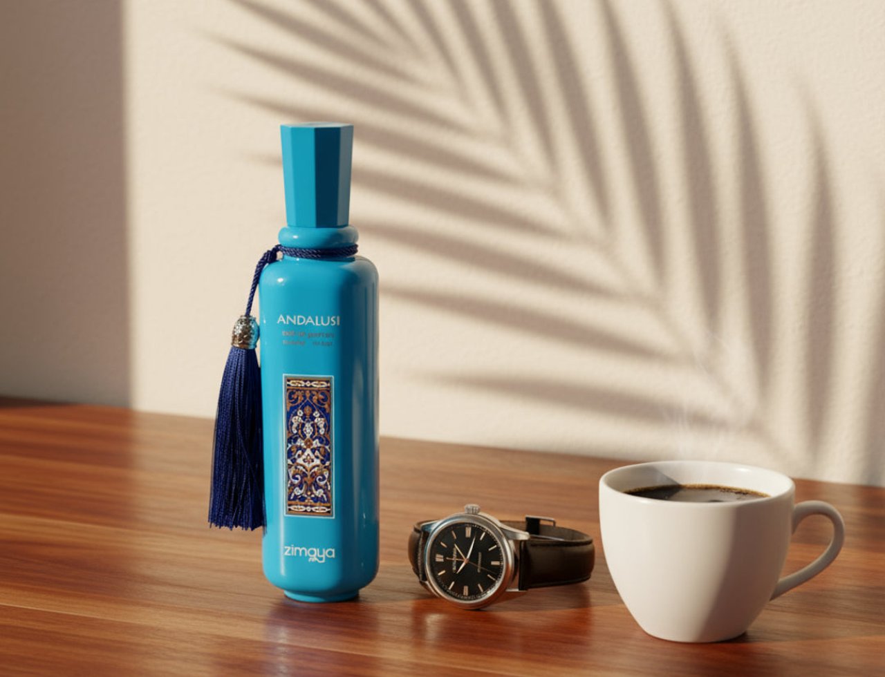 Zimaya Andalusi Blue by Zimaya 100ml EDP Men — Blue perfume bottle with tassel, a black leather watch, and a cup of coffee on a wooden surface with palm leaf shadows.