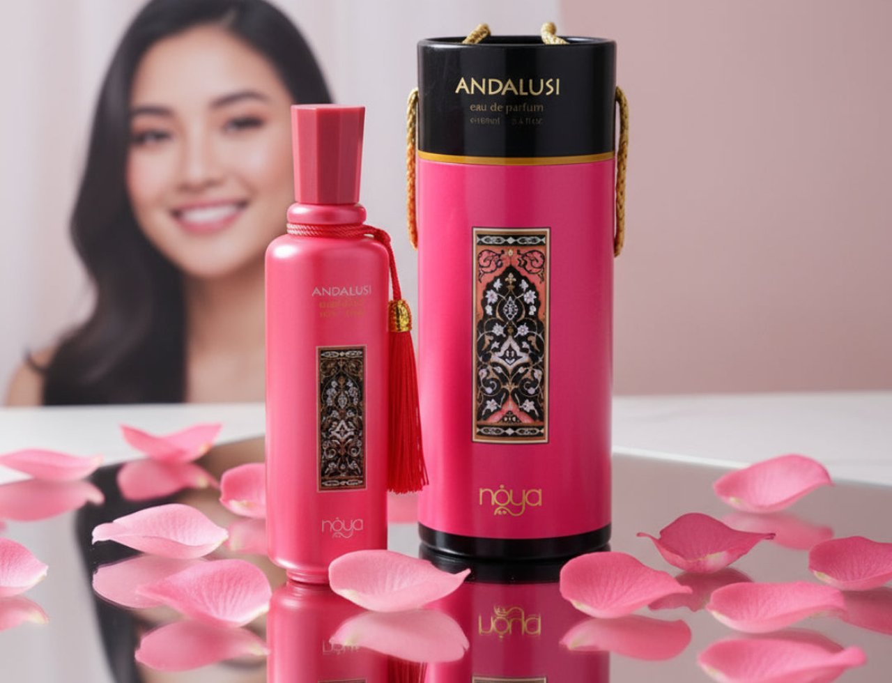 Zimaya Andalusi Pink by Zimaya 100ml EDP Women — Botol minyak wangi merah jambu bertali juntai merah dan kotak silinder sepadan, dikelilingi kelopak mawar merah jambu di permukaan memantul, dengan wanita kabur tersenyum di latar belakang.