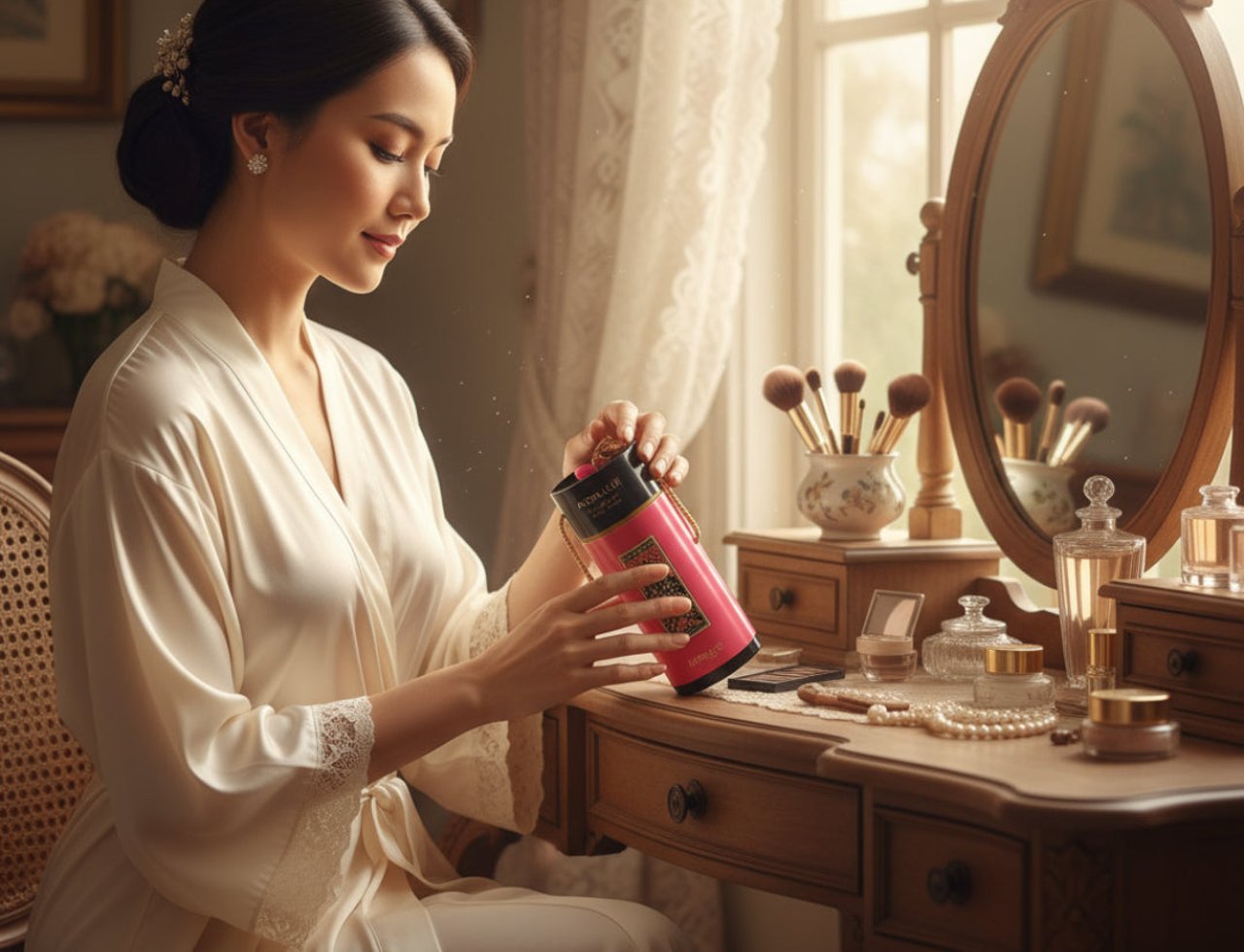 Zimaya Andalusi Pink by Zimaya 100ml EDP Women — Woman in a silk robe holding a pink perfume bottle with gold accents, sitting at a vanity table with makeup and a mirror.