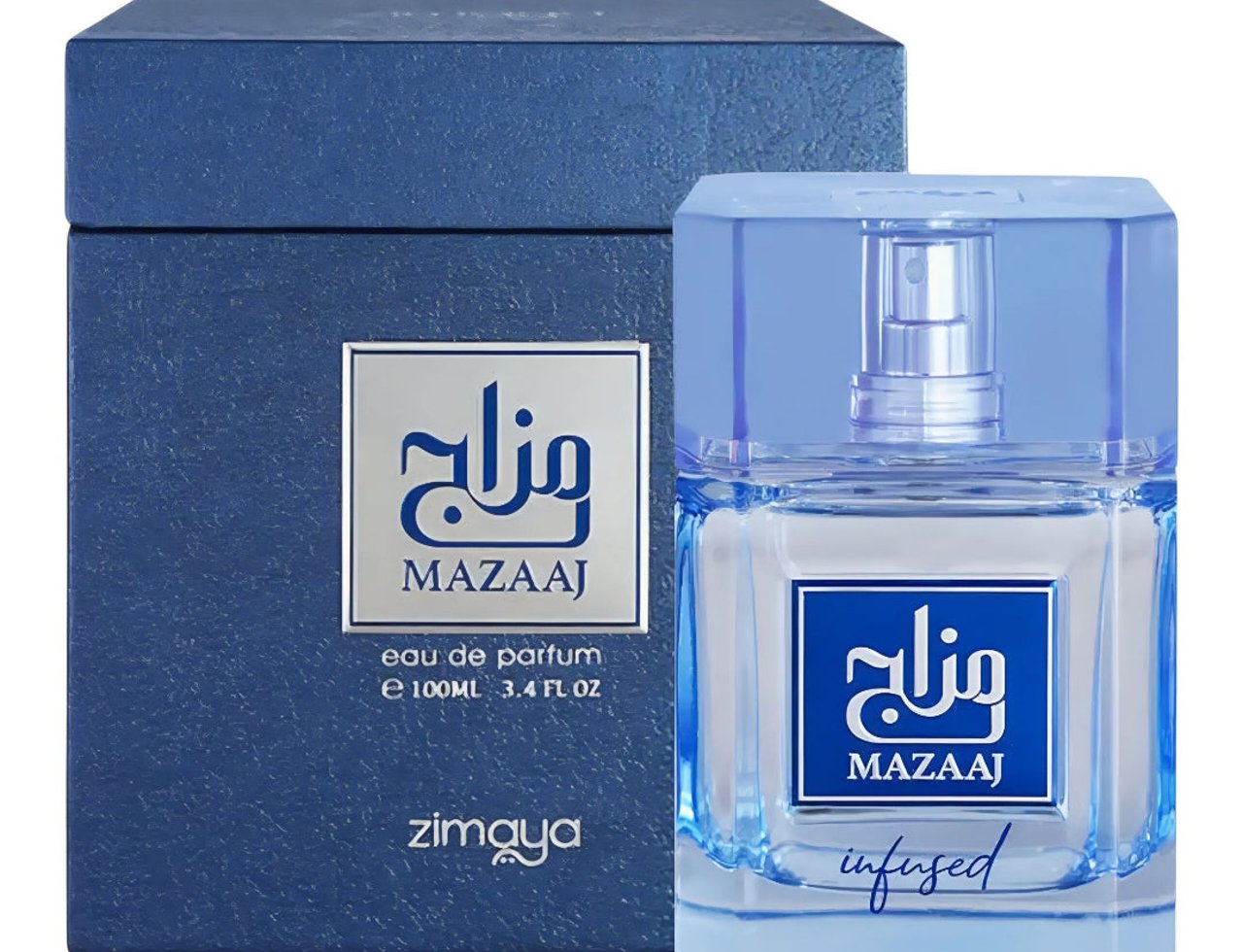 Zimaya Mazaaj Infused by Zimaya 100ml EDP Lelaki — Kotak biru bertekstur dan botol minyak wangi kaca jernih bertutup biru, ada tulisan Arab dan teks 'MAZAAJ INFUSED'.