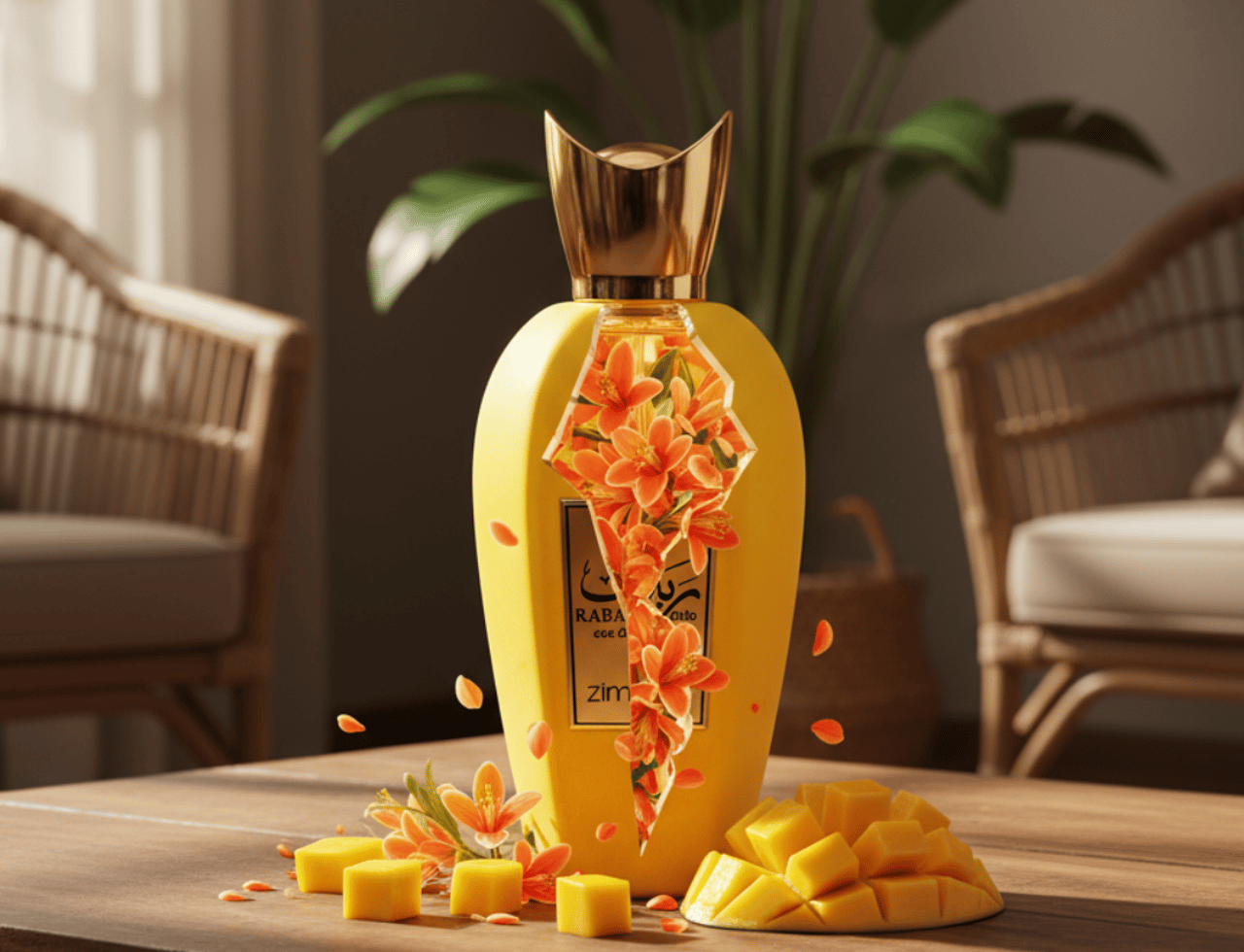 Zimaya Rabab Pulp by Zimaya 100 ml EDP Unisex — Botol kuning berpenutup emas, pecah menampakkan bunga oren, bersama kiub mangga dan bunga oren di atas meja kayu.