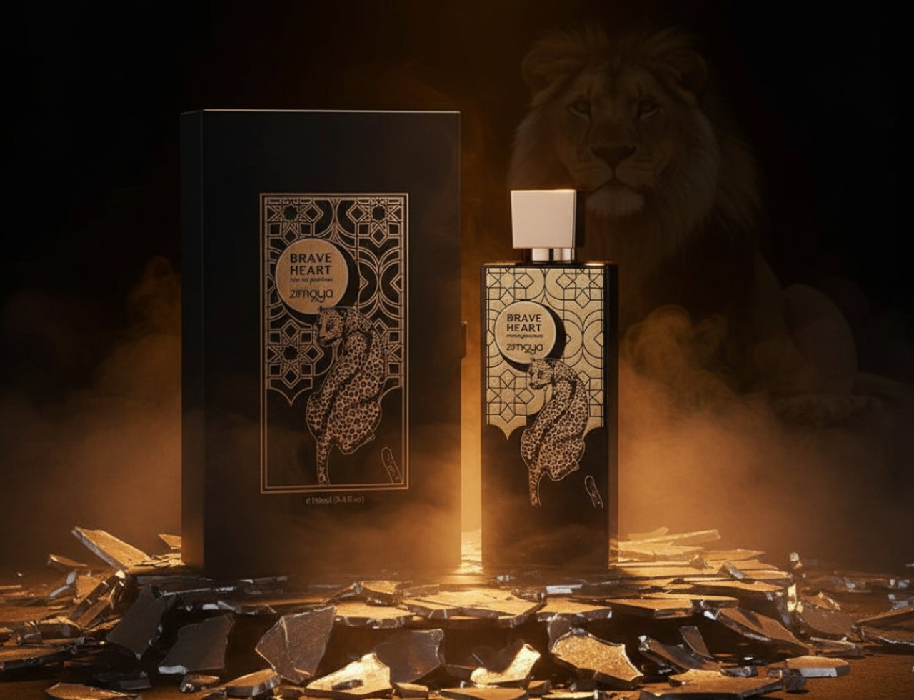 Zimaya Brave Heart by Zimaya EDP 100ml Unisex — Kotak dan botol hitam rekaan harimau bintang emas, atas timbunan serpihan berkilauan emas, dengan siluet singa di latar belakang.