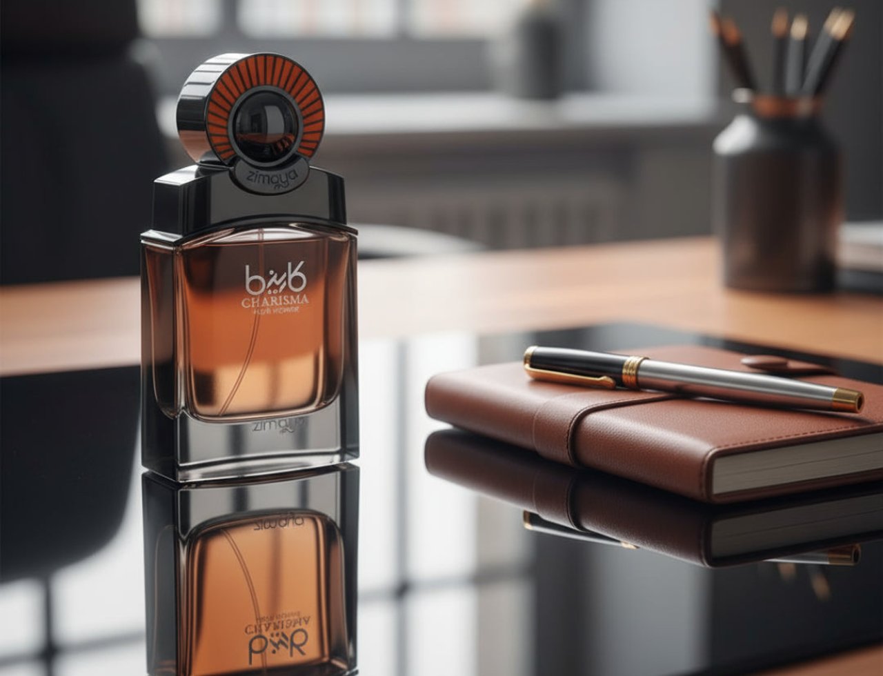 Zimaya Charisma Pour Homme by Zimaya 100ml EDP Men — Botol minyak wangi kaca perang dengan penutup hiasan oren dan hitam, diletakkan di atas permukaan hitam berkilat bersebelahan buku nota kulit coklat dan sebatang pen.
