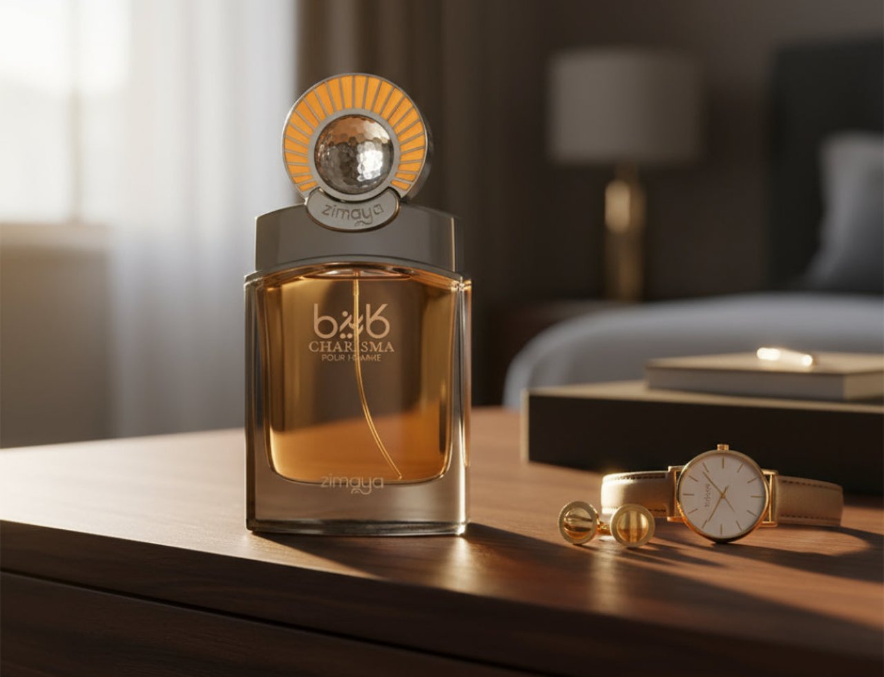 Zimaya Charisma Pour Homme by Zimaya 100ml EDP Men — A glass perfume bottle with amber liquid and a sun-like cap sits on a wooden surface next to a watch and cufflinks.