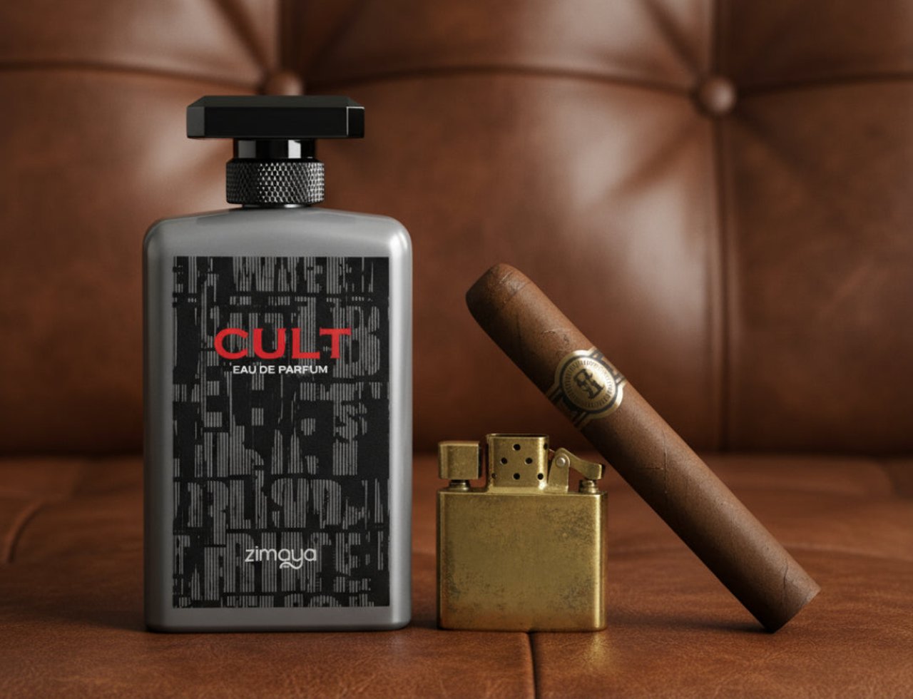 Zimaya Cult by Zimaya 100ml EDP Men — Botol wangian kelabu bertutup hitam, pemetik api emas, dan cerut di atas latar kulit coklat