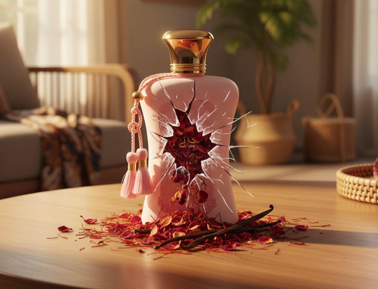 Zimaya Fatima by Zimaya 100ml Extrait de Parfum Women — Pink cracked perfume bottle with gold cap, tassels, scattered rose petals, and vanilla pods on a wooden table
