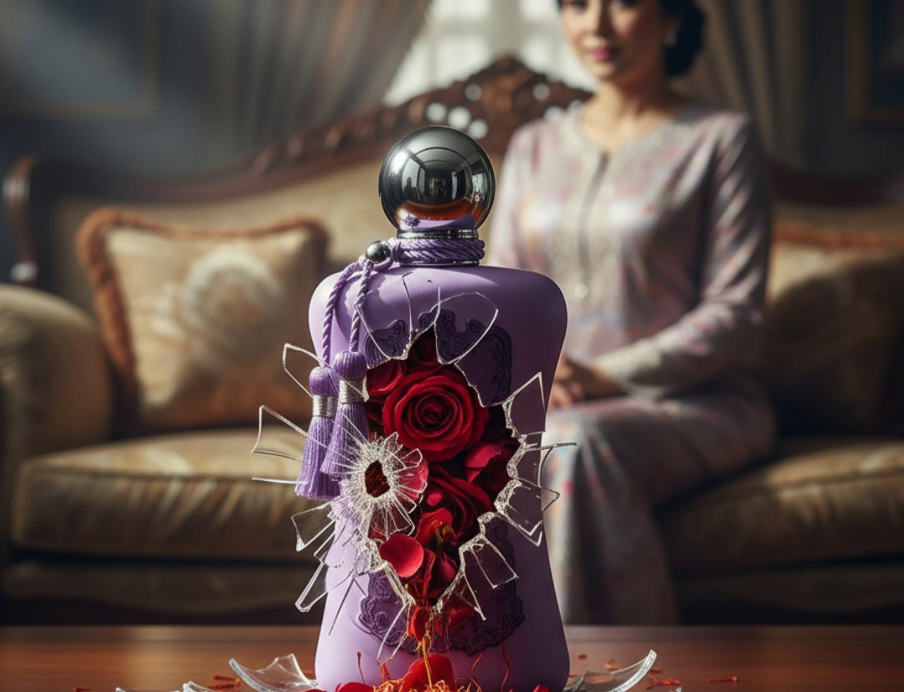 Zimaya Fatima Velvet Love by Zimaya 100ml Extrait Women — A shattered purple perfume bottle revealing red roses and saffron threads, with a woman blurred in the background.