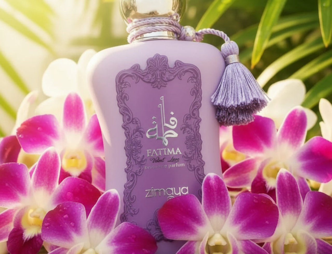 Zimaya Fatima Velvet Love by Zimaya 100ml Extrait Women — Botol minyak wangi ungu dengan penutup emas, dikelilingi bunga orkid merah jambu dan putih, dengan daun hijau di latar belakang.