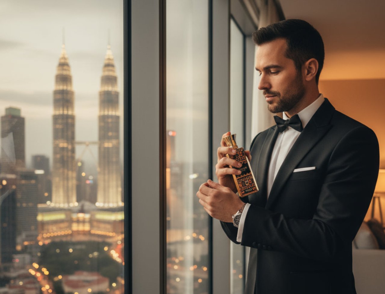 Zimaya Zimaya Grandeur 100ml EDP for Unisex — Man in tuxedo spraying perfume in front of a city skyline at dusk