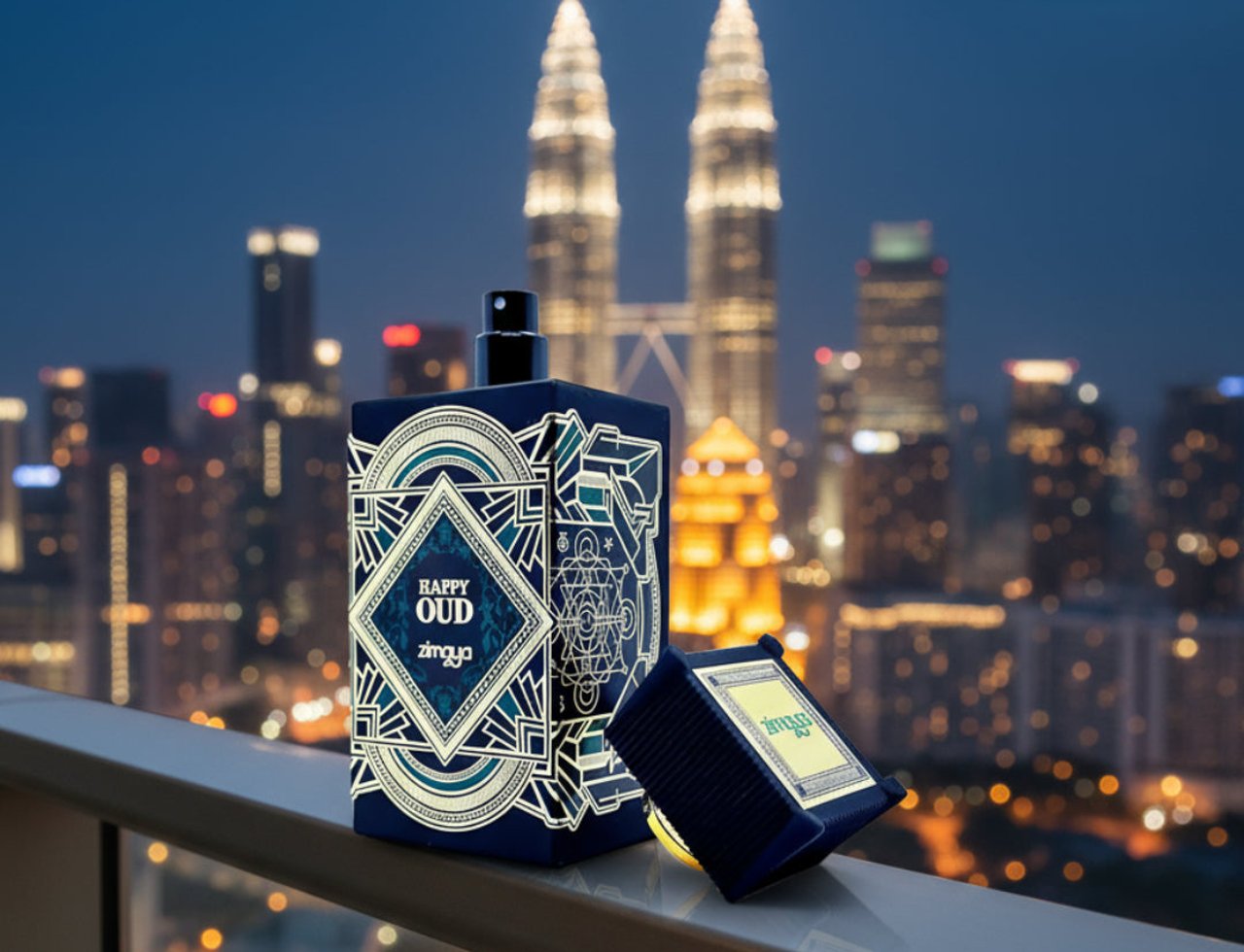 Zimaya Happy Oud — A dark blue perfume bottle with intricate gold geometric patterns and the text "HAPPY OUD" is displayed on a balcony railing at night, with the illuminated Kuala Lumpur skyline and Petronas Twin Towers in the background. A small, open gold-accented box sits beside the bottle.
