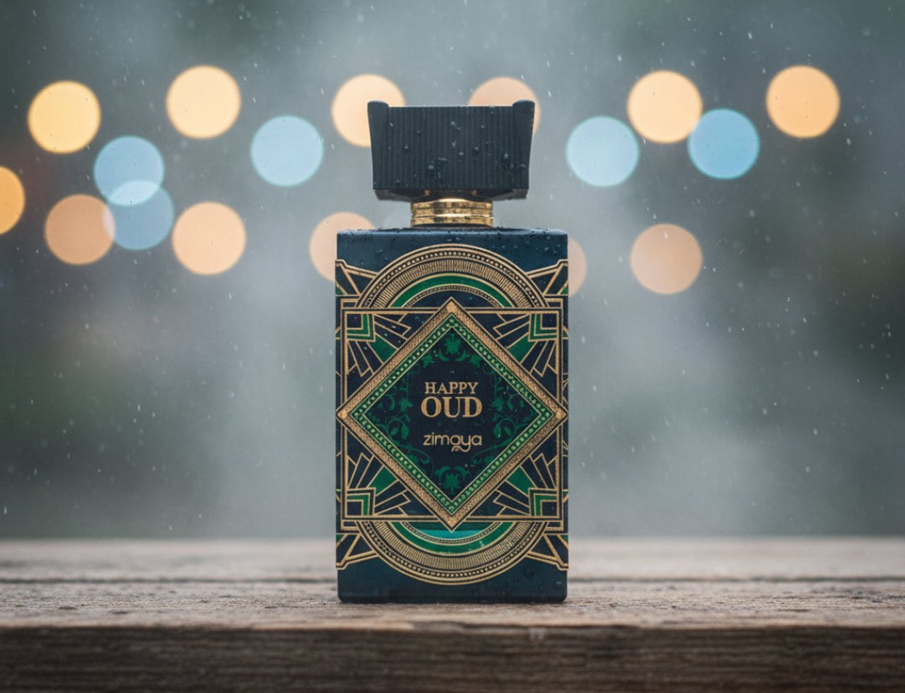 Zimaya Happy Oud by Zimaya 100ml Extrait Unisex — Botol minyak wangi biru gelap dengan rekaan art deco emas dan hijau, terletak di atas permukaan kayu dengan titisan hujan dan lampu bokeh di latar belakang.