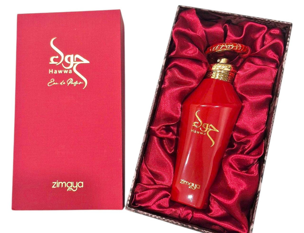 Zimaya Hawwa Red by Zimaya 100ml EDP Women — Red perfume bottle with gold accents and Arabic script, presented in a red gift box lined with satin.