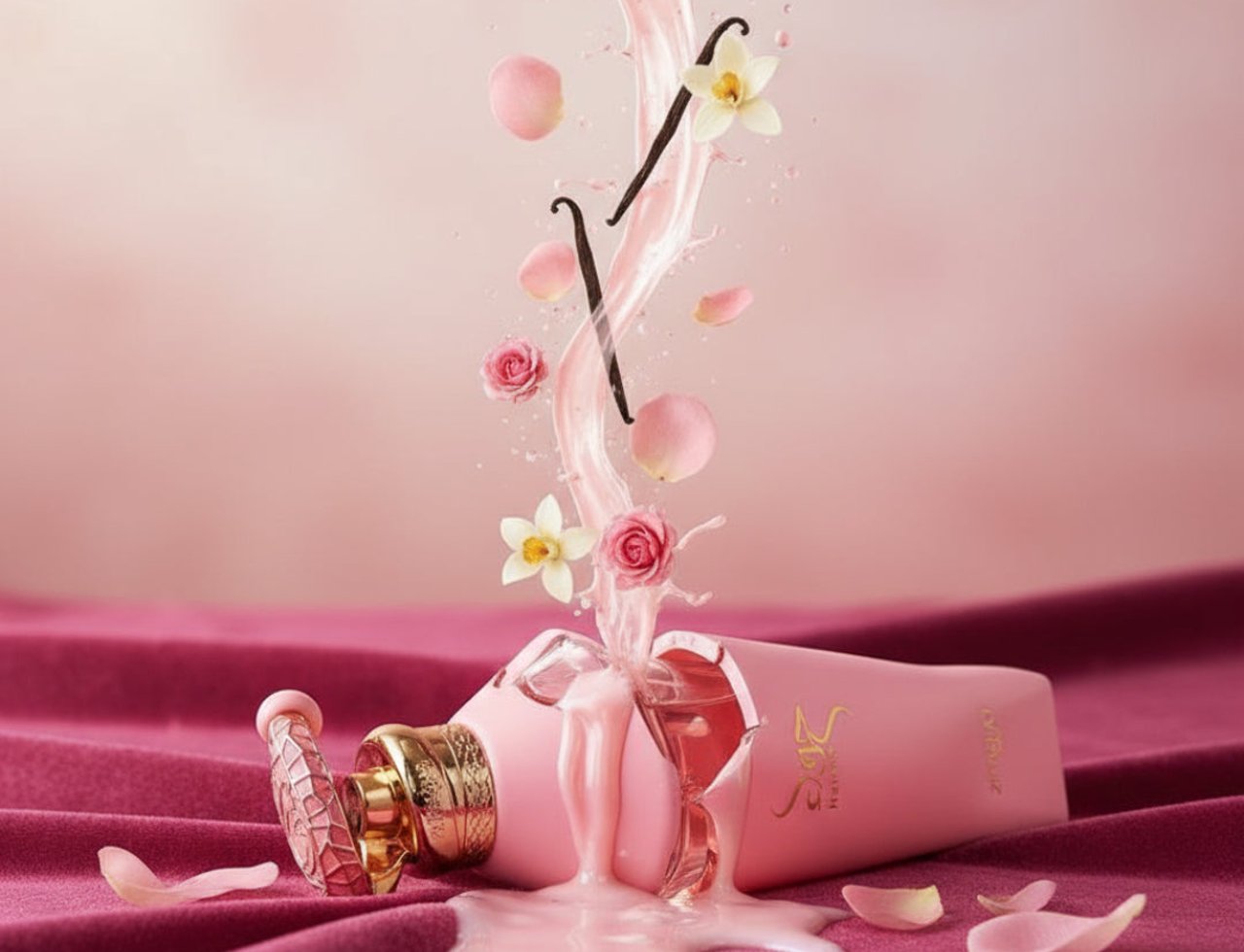 Zimaya Hawwa Pink by Zimaya Women 100ml EDP — Botol minyak wangi merah jambu terbalik, cecair merah jambu melimpah keluar bersama kelopak mawar, batang vanila, dan bunga putih kecil berlatar belakang merah jambu lembut.