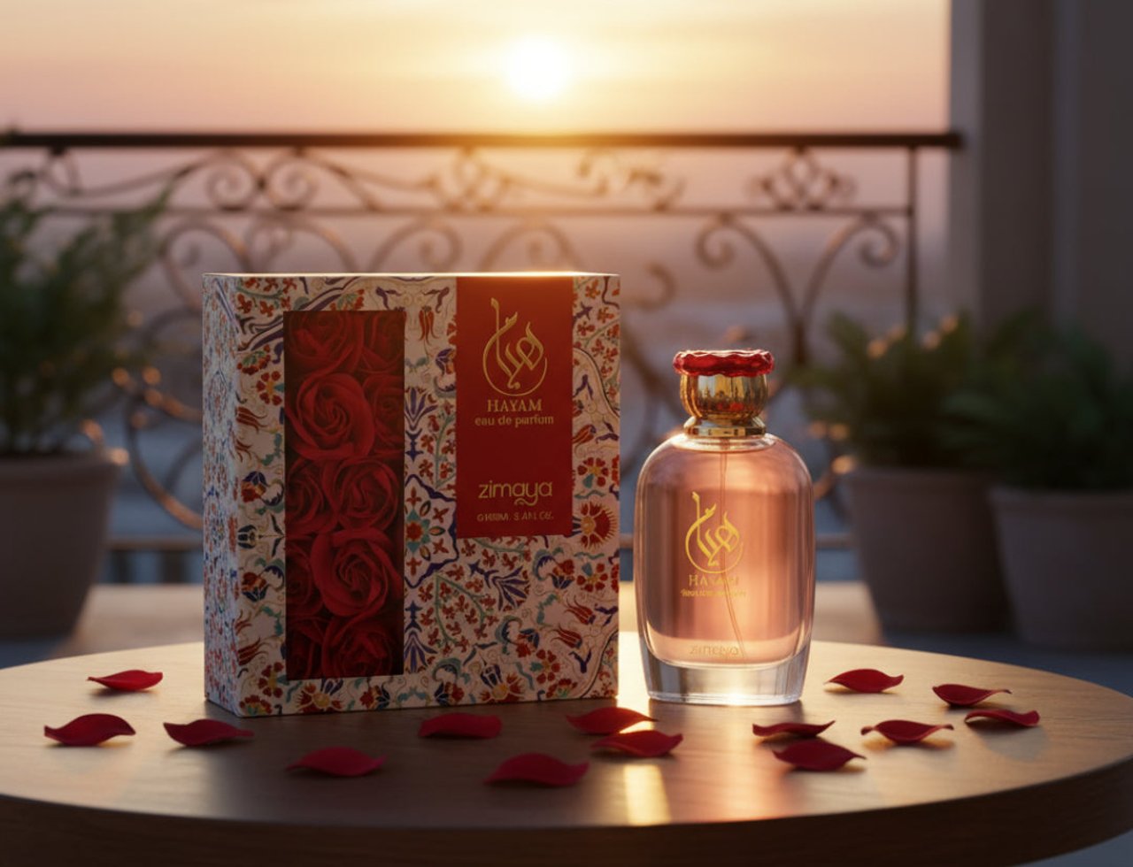 Zimaya Hayam by Zimaya 100ml EDP Women — Perfume bottle and box with red rose design, placed on a wooden table with scattered red rose petals, against a sunset background.