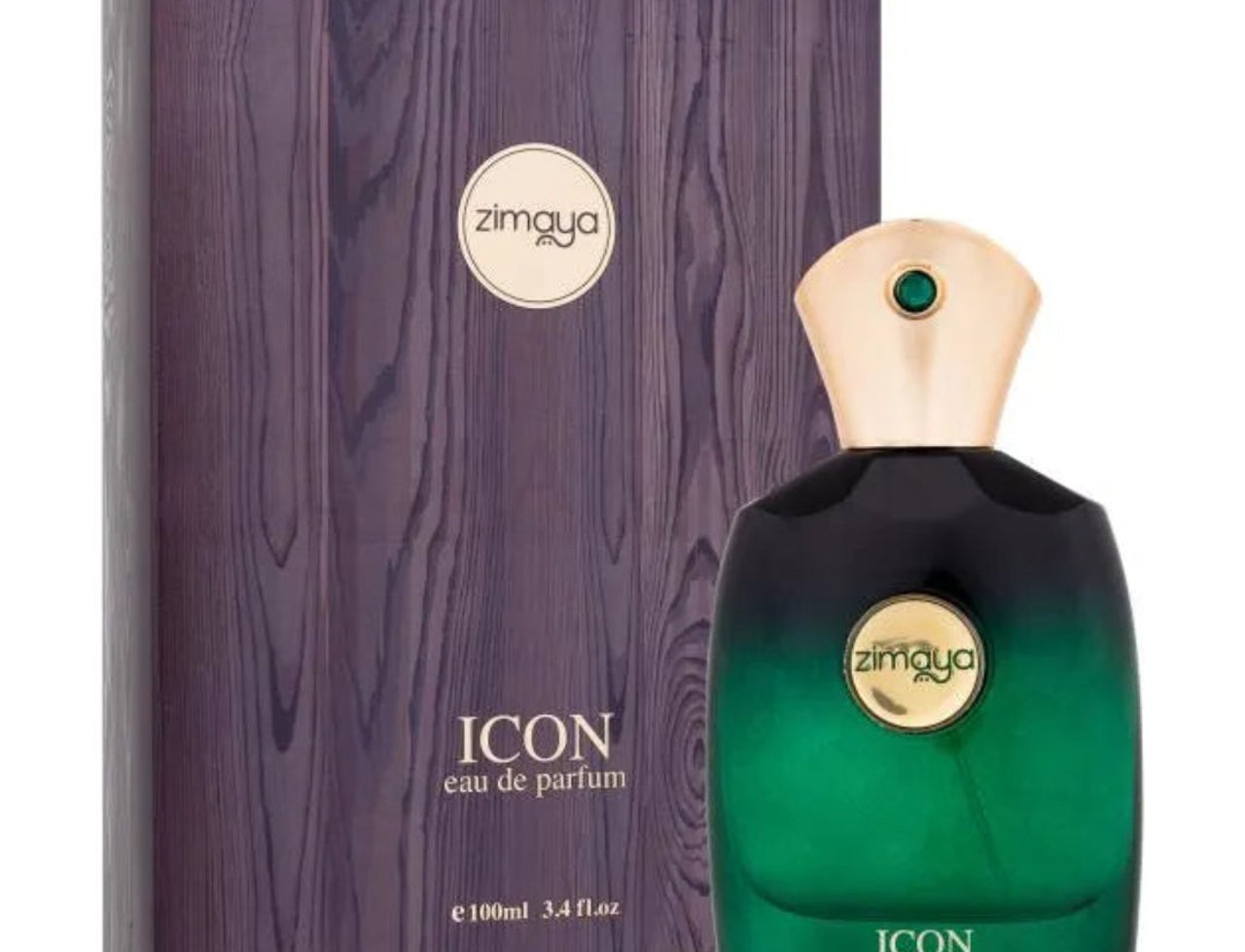 Zimaya Icon by Zimaya 100ml EDP for Men — Botol minyak wangi hijau dan hitam gradien dengan penutup emas, sebelah kotak bertekstur kayu ungu.