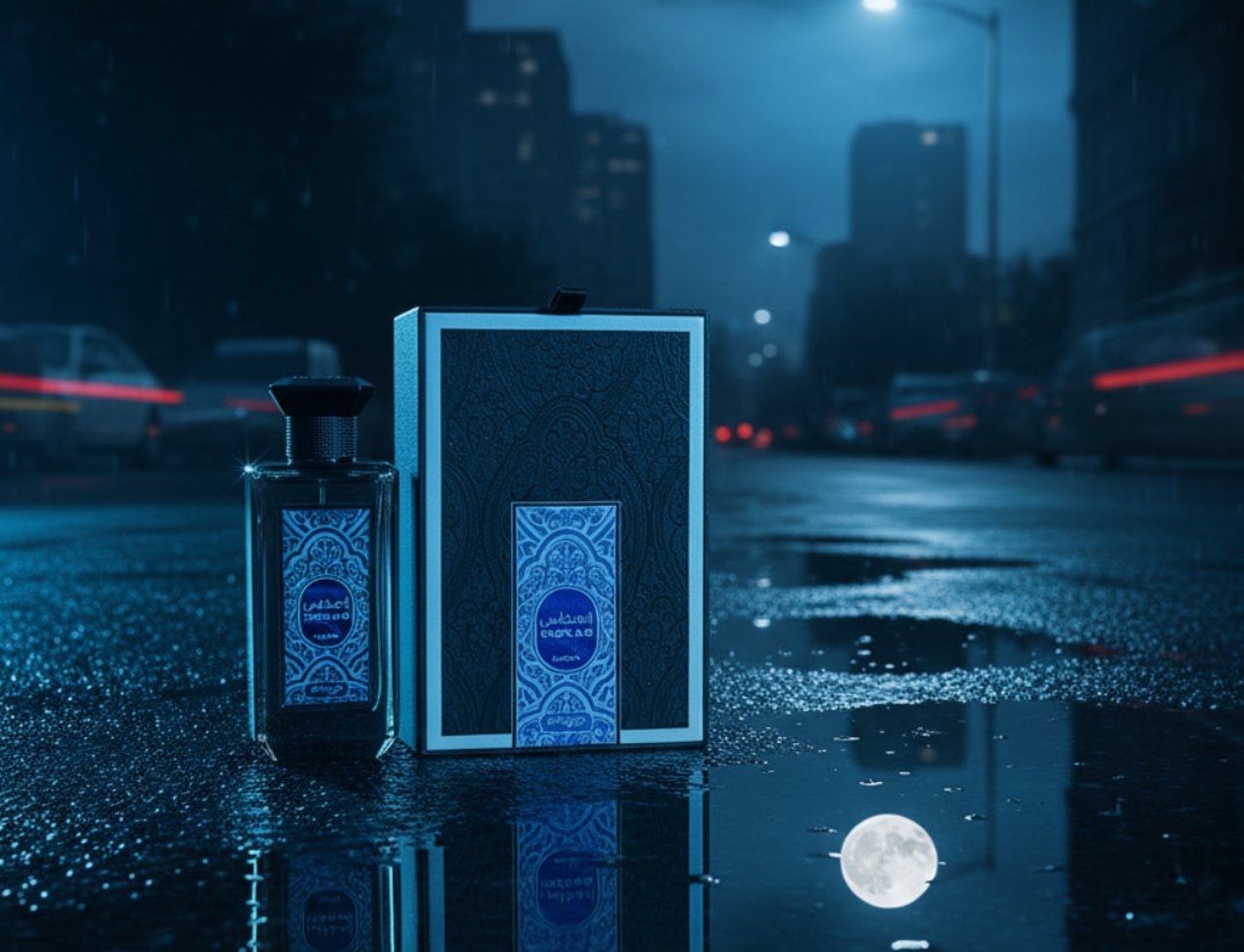 Zimaya Inekas Luna by Zimaya 100ml EDP Men — A perfume bottle and its box sit on a wet city street at night, reflecting the moon and streetlights.