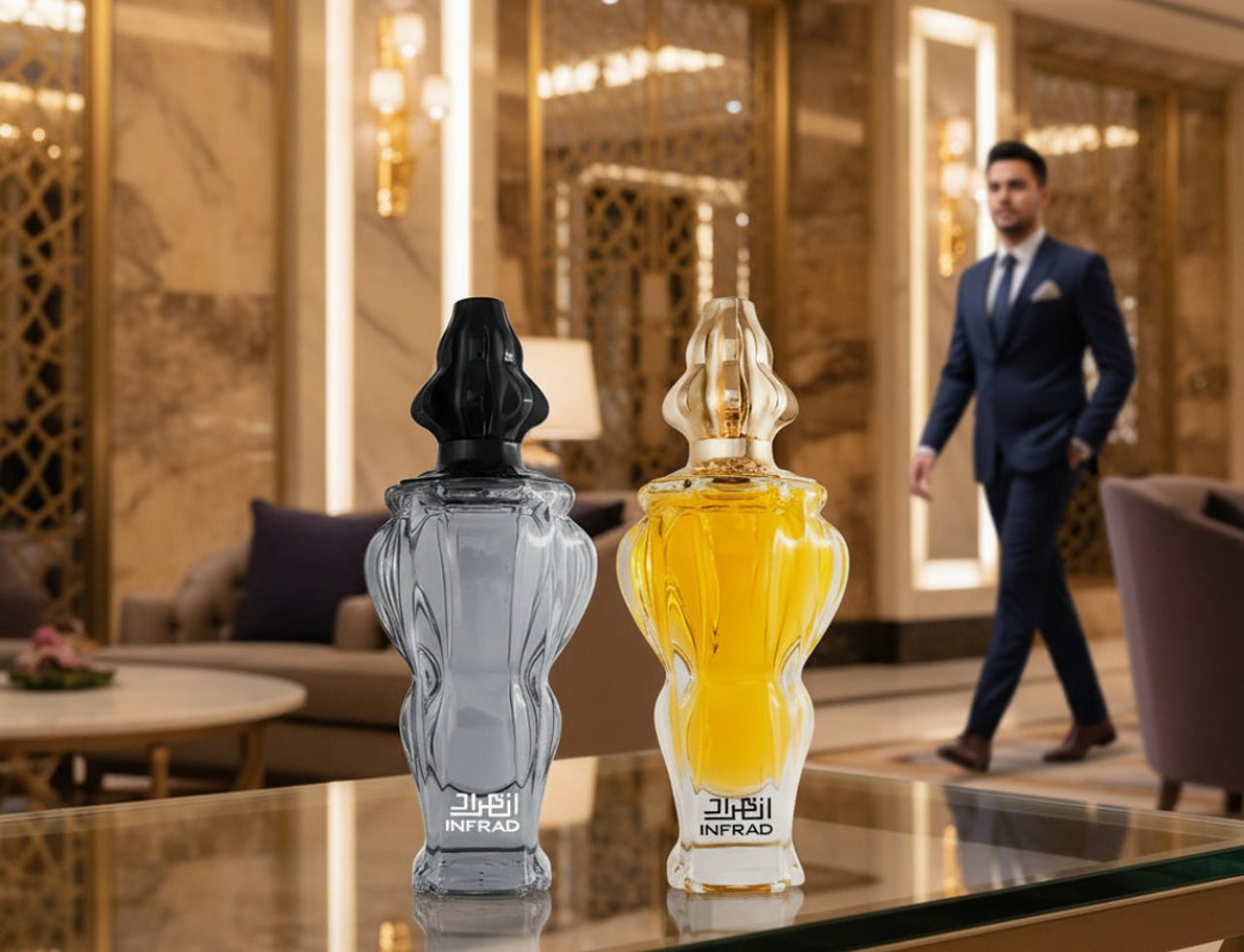Zimaya Infrad Noir by Zimaya 100ml EDP untuk Lelaki — Dua botol pewangi berhias, satu bertutup hitam bercecair kelabu, satu lagi bertutup emas bercecair kuning, dipamerkan di atas meja kaca di lobi hotel mewah dengan seorang lelaki berbaju sut berjalan di latar belakang.