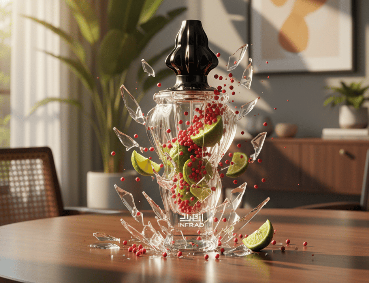 Zimaya Infrad Noir by Zimaya 100ml EDP for Men — A clear glass perfume bottle with a black cap, filled with lime slices and red peppercorns, shattering with glass shards and scattered peppercorns on a wooden table.