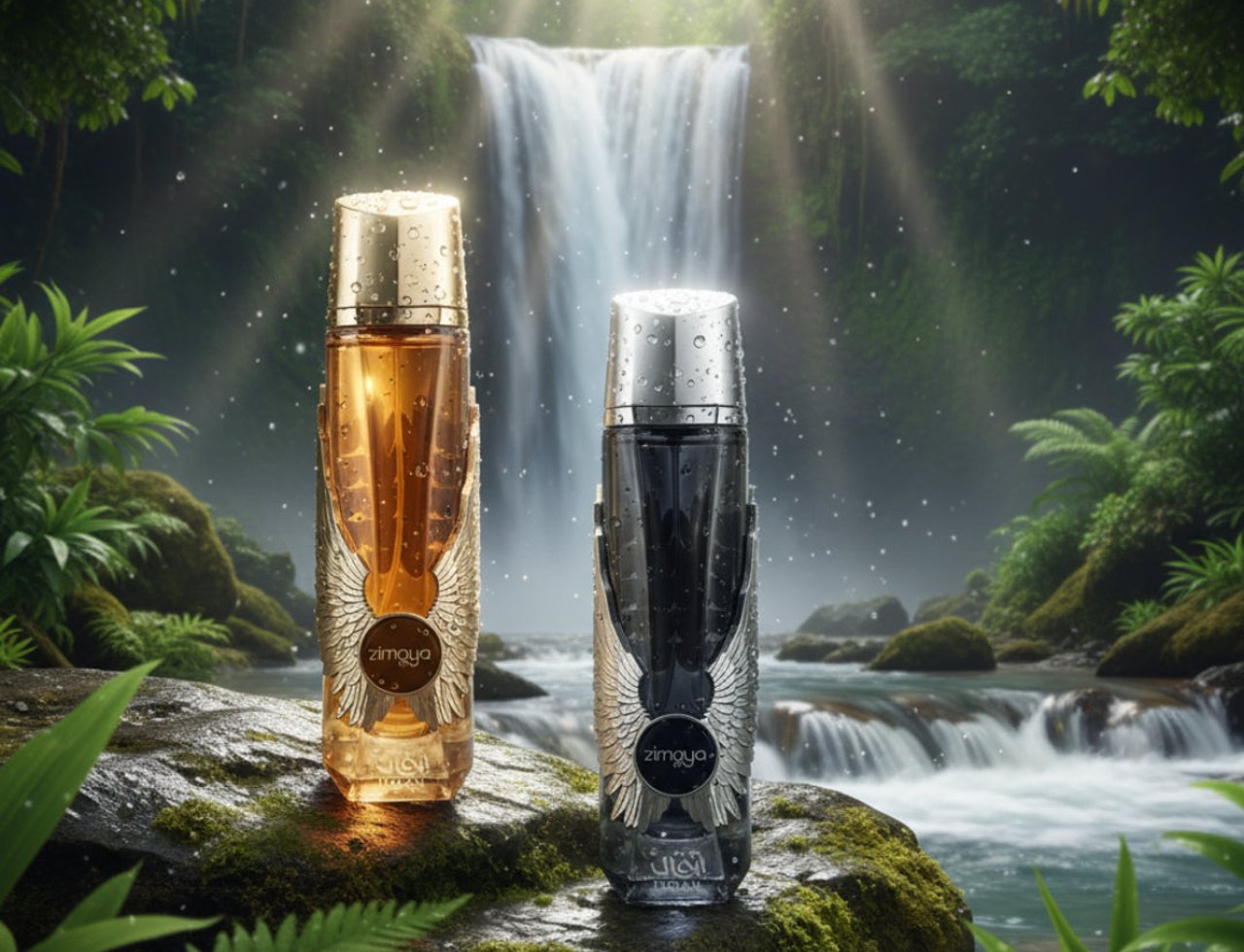 Zimaya Itqan Gold by Zimaya 100ml EDP Unisex — Two perfume bottles, one gold and one black, with winged designs, sit on mossy rocks beside a waterfall.