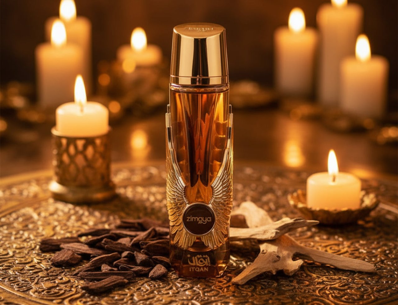 Zimaya Itqan Gold by Zimaya 100ml EDP Unisex — Botol minyak wangi bertutup emas dengan perincian sayap, dikelilingi lilin menyala dan serpihan kayu oud di atas dulang emas berukir.