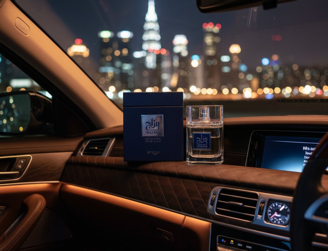 Zimaya Mazaaj Infused by Zimaya 100ml EDP Men — A dark blue box and glass perfume bottle displayed on a car's dashboard at night with city lights in the background.