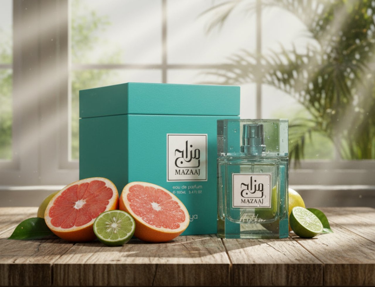 Zimaya Mazaaj Rhythm by Zimaya 100 ml EDP Unisex — Teal gift box and clear glass perfume bottle with citrus fruits (grapefruit, lime, lemon) on a wooden table, soft natural light from window.