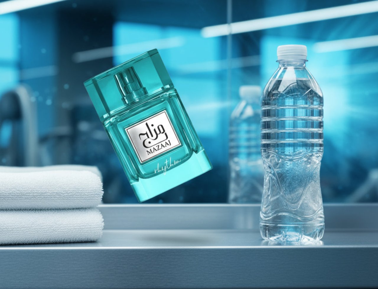 Zimaya Mazaaj Rhythm by Zimaya 100 ml EDP Unisex — Botol minyak wangi kaca biru kehijauan dengan tulisan Arab dan logo 'MAZAAJ', melayang di hadapan cermin gim yang memantulkan botol air dan kelengkapan gim, dengan tuala putih berlipat di sebelah kiri.