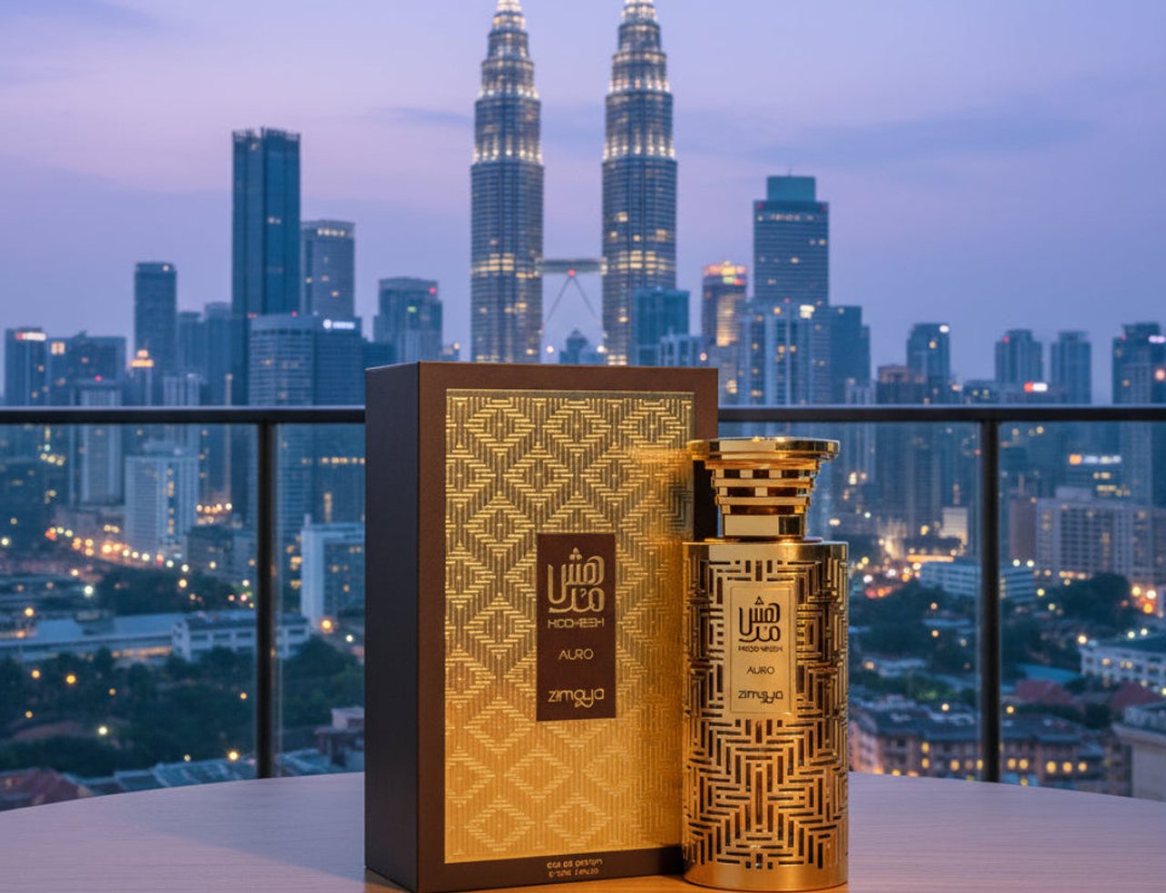 Zimaya Modhesh Elegant Pour Homme by Zimaya 100ml EDP — Gold perfume bottle and box displayed on a wooden table with the Kuala Lumpur skyline and Petronas Twin Towers in the background at dusk.