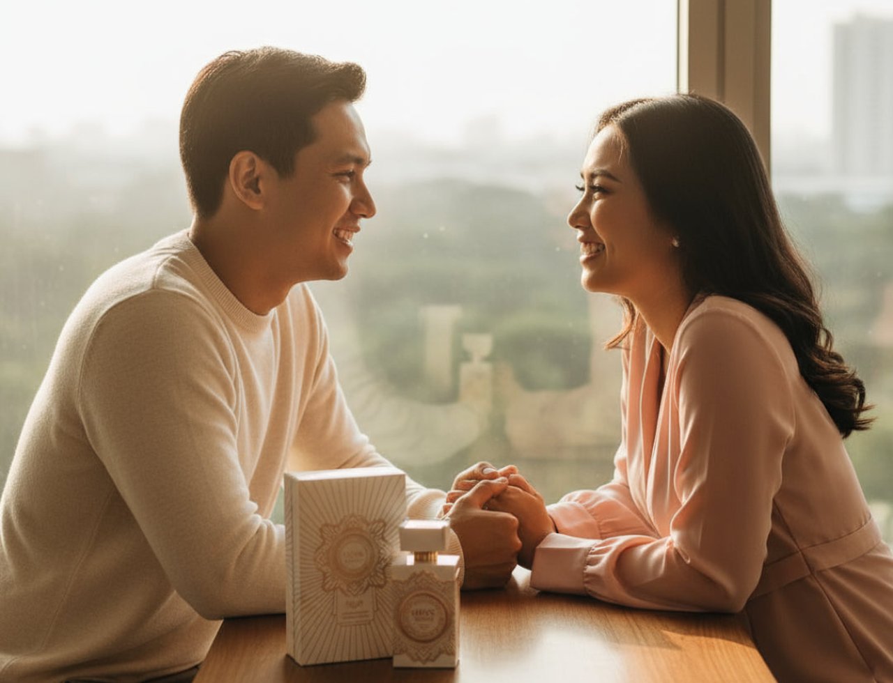Zimaya Musk Is Great by Zimaya 100ml EDP Unisex — A couple holding hands over a wooden table with a perfume bottle and its box in front of them, with a soft window light background.